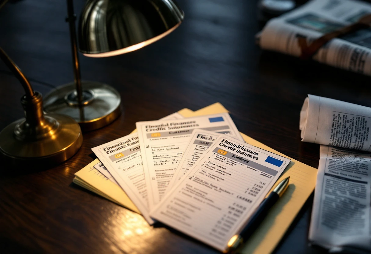 Three credit card statements arranged in a fan on a dark wood desk with a yellow legal pad, a fountain pen, and a brass desk lamp casting warm light.